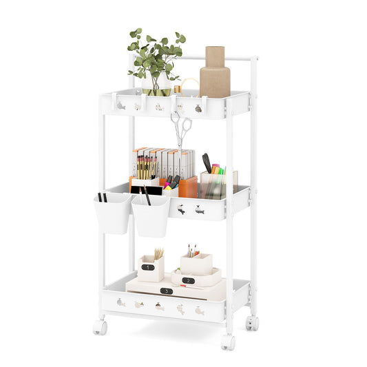 3-Tier Rolling Storage Cart with 2 Hanging Cups and 4 Hooks