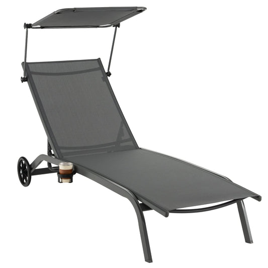 Adjustable Chaise Lounge Deck Sunbed with Rotatable Canopy and Cup Holder
