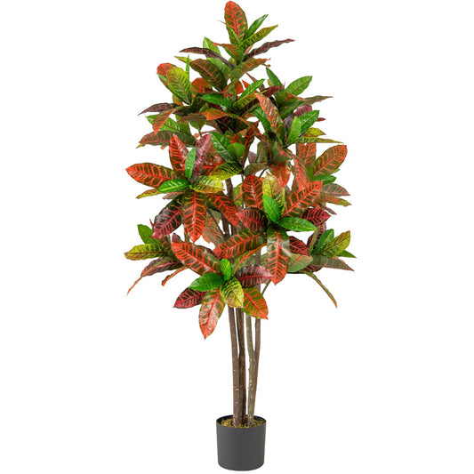 150cm Artificial Croton Plant with Multi colored PEVA Leaves and Solid Wood Trunk