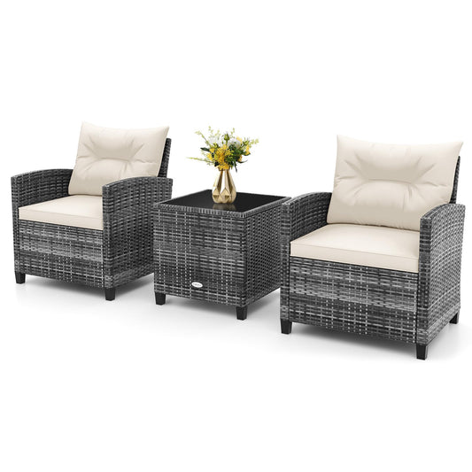 3 Pieces Metal Frame Garden Coffee Table and Sofa Chairs Set with Cushions