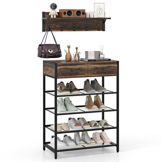 Coat Rack Shoe Stand Set with Wall-Mounted Coat Rack and Drawers