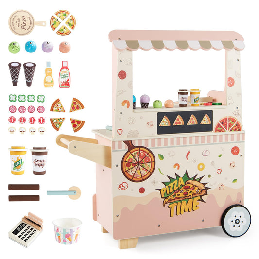 Kids Pizza Food Truck Wooden Pretend Play Snack Cart with Oven