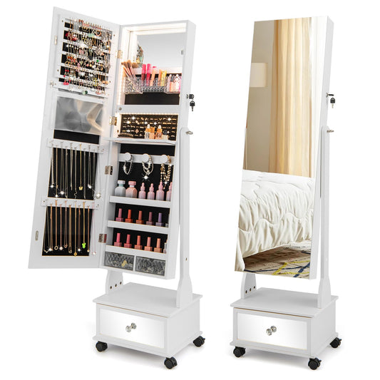 Standing Jewelry Armoire with Full-Length Mirror LED Lights and Drawers