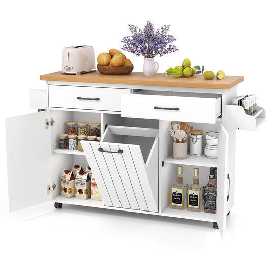 Mobile Kitchen Island with Trash Can Storage with 2 Drawers