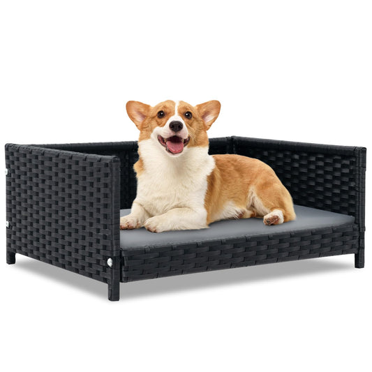 Handwoven Wicker Pet Bed Sofa Couch with Metal Frame and Cushion