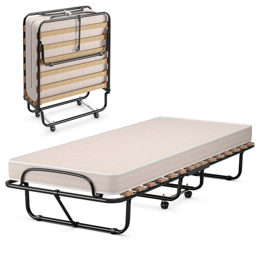 Rollaway Folding Bed with Memory Foam Mattress Guest Bed with Wheels