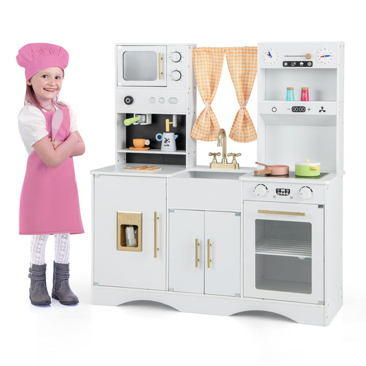 Kids Play Kitchen Wooden with Microwave and Ice Maker with Sounds