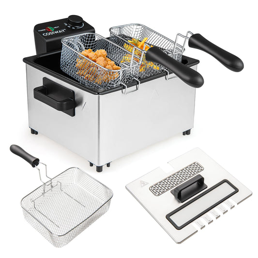 2000W Electric Deep Fryer Stainless Steel Countertop Frying Pot with 3 Baskets