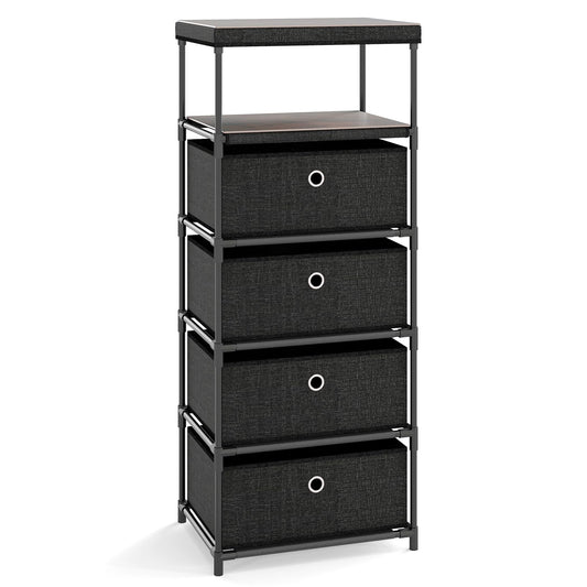 4 Drawer Fabric Dresser Tower with Wood Top and Open Shelf