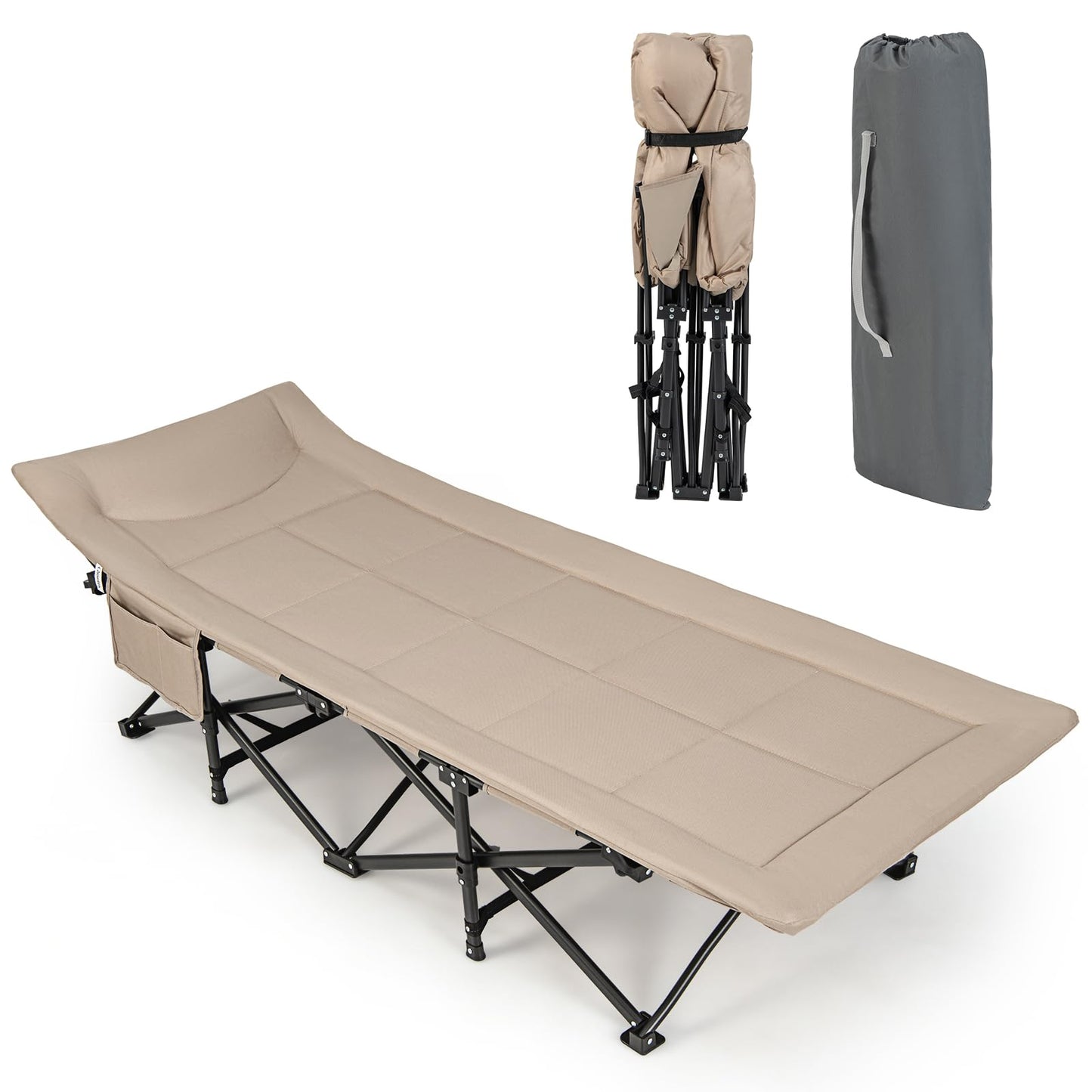 Extra Wide Portable Sleeping Cot with Headrest & Carry Bag