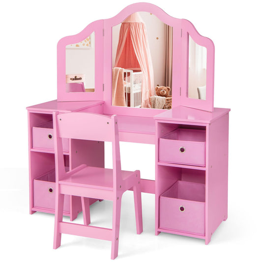 Kids Vanity Set with Tri-Folding Detachable Mirror and 4 Storage Bins