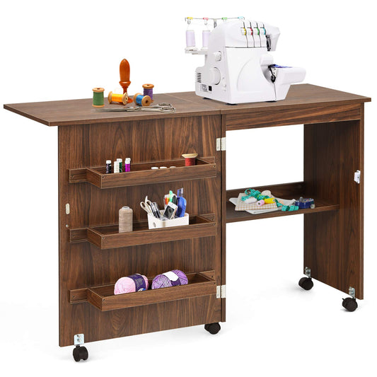 2-in-1 Rolling Folding Sewing Table with Storage Shelves and Lockable Casters