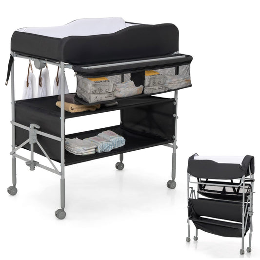 Baby Changing Table Folding Nursery Changing Station with 4 Lockable Wheels
