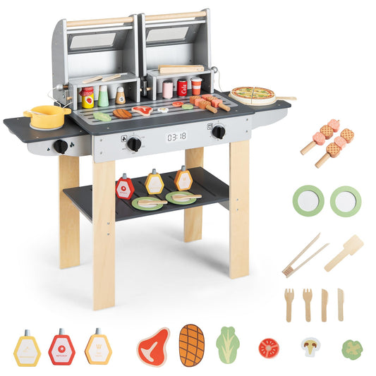 Kids BBQ Grill Playset, Wooden Toy Kitchen with Flip-Top Grill Covers