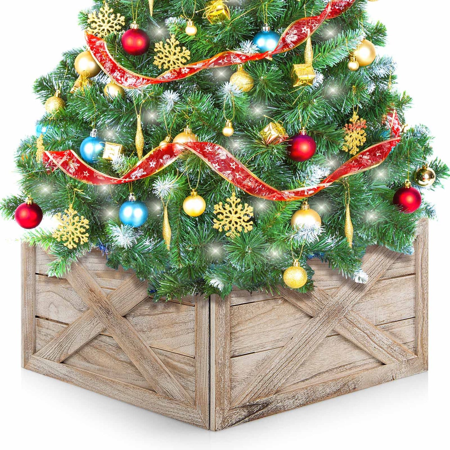 Christmas Tree Box Stand, Wooden Tree Collar Boxes with Hook & Loop Fasteners