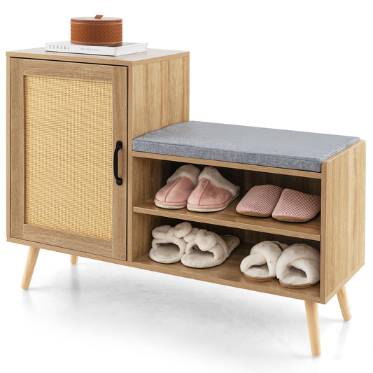 2-in-1 Rattan Shoe Cabinet with Bench and 3 Adjustable Shelves