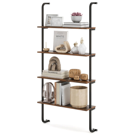 4 Tier Wall Mounted Industrial Pipe Shelving Wood Floating Shelves