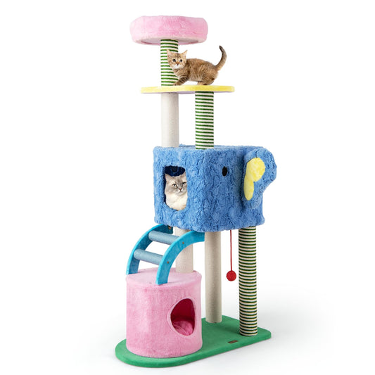 Elephant Themed Cat Tree for Cats with Condos and Padded Perch