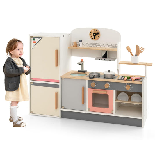 Wooden Pretend Kids Play Kitchen Set with Realistic Range Hood