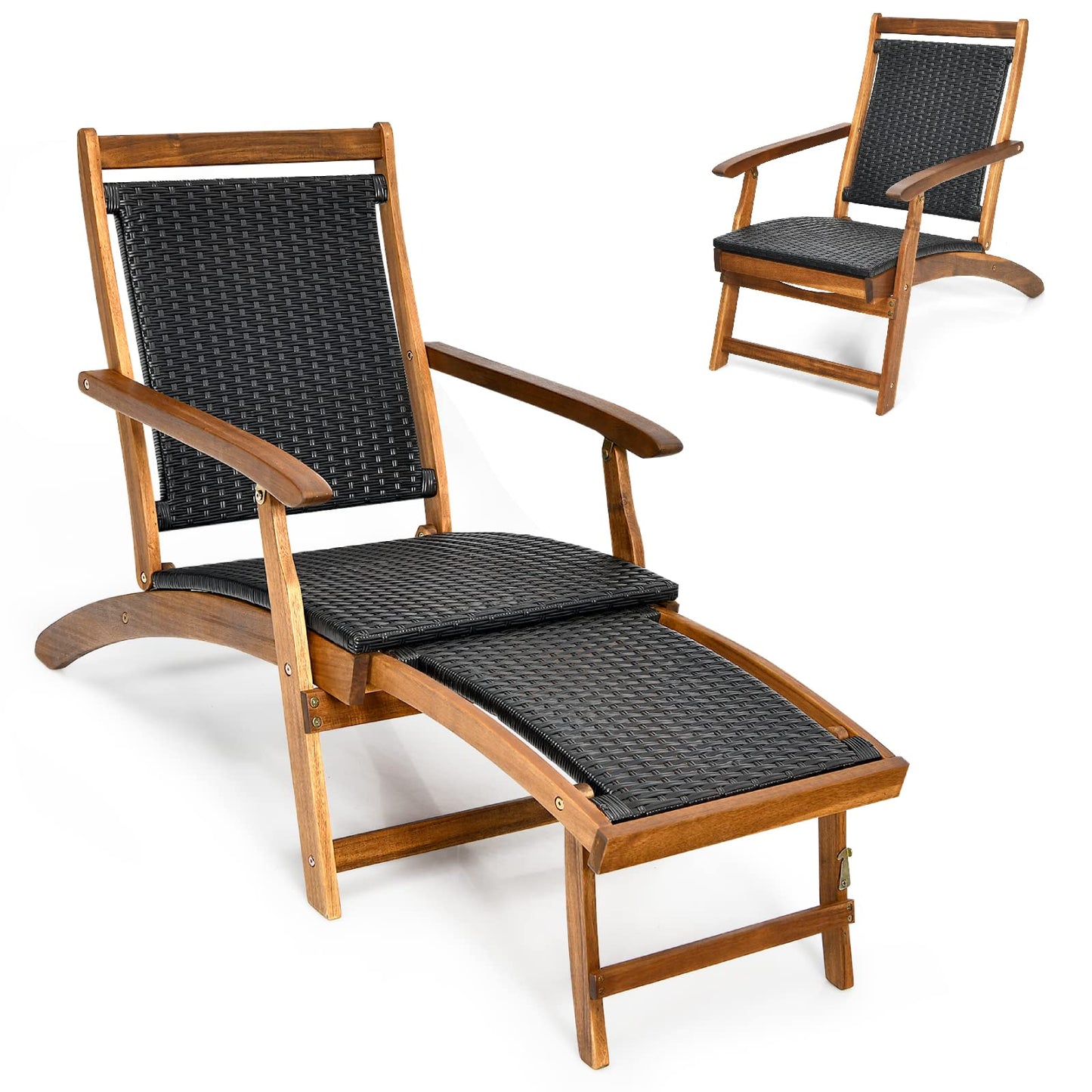 Acacia Wood Rattan Deck Chair with Retractable Footrest