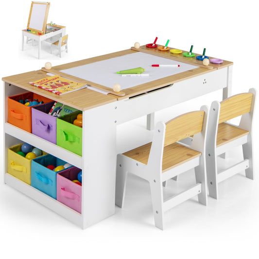 2-in-1 Kids Art Table and Easel Set with Chairs and Liftable Tabletop