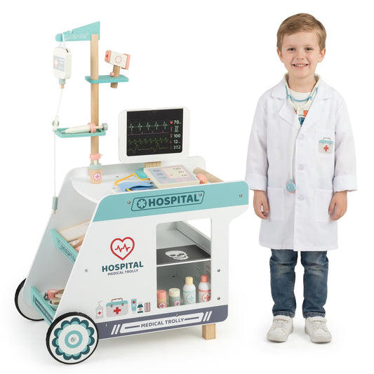 Wooden Doctor Playset, Kids Role Play Medical Station Cart