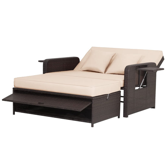 4-Level Adjustable Patio Wicker Loveseat Sofa Bed Sun Lounger with Storage Ottoman