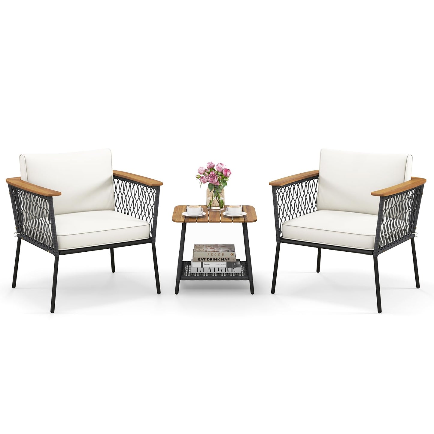 3 Piece Patio Furniture Set with Acacia Wood Armrests and Tabletop
