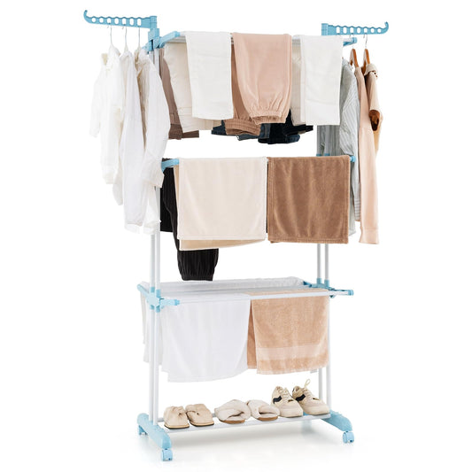 4 Tier Foldable Airer Clothes Drying Rack with Wings and Casters