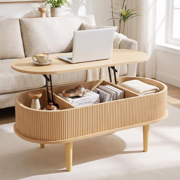Oval Lift Top Coffee Table with Storage Fluted Design and Raised Wood Feet