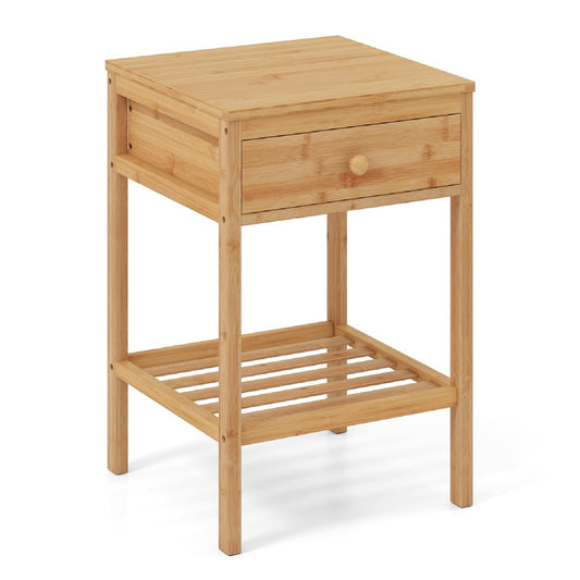Bamboo Nightstand Sofa Side End Table with Drawer and Open Storage Shelf