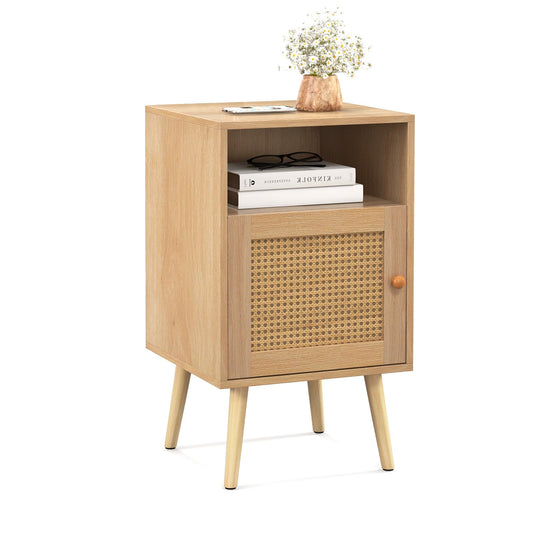 Rattan Nightstand with Storage and PE Rattan Decorated Door