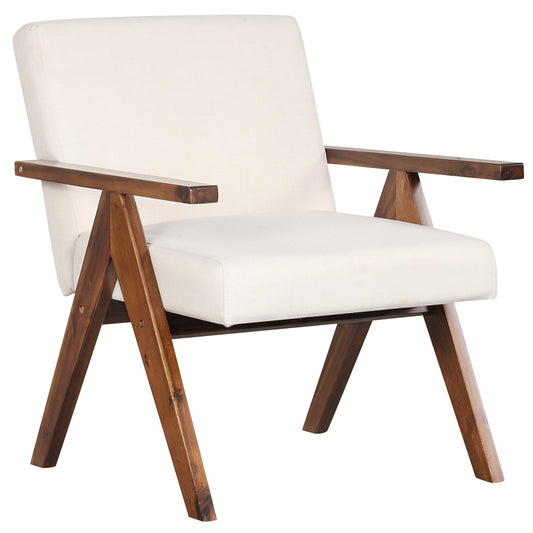 Modern Accent Chair Linen Fabric Armchair with Solid Acacia Wood Frame