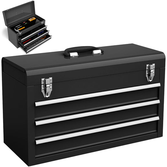 Portable Steel Tool Box with 3 Drawers and Top Storage Tray