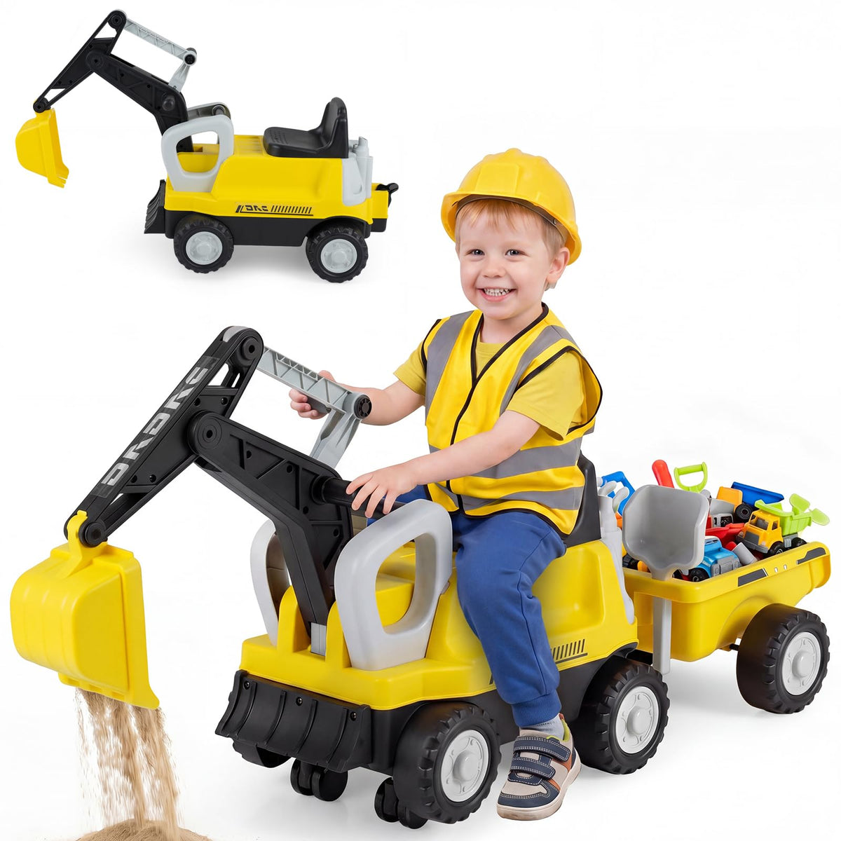 2-In-1 Ride on Push Car with Detachable Trailer and Rake Shovel for Ages 1.5-3