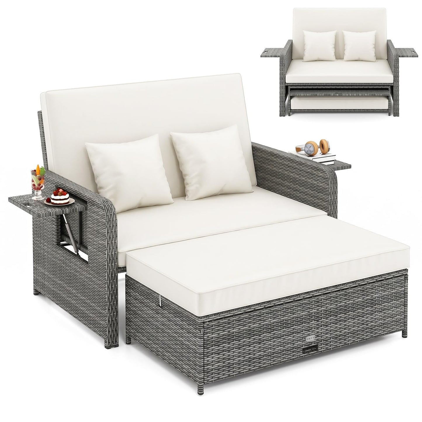 Garden Rattan Daybed, 4-Level Adjustable Patio Wicker Loveseat Sofa Bed Sun Lounger
