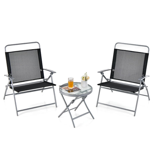 3PCS Garden Folding Chairs and Table Set with Ripple-like Glass Tabletop