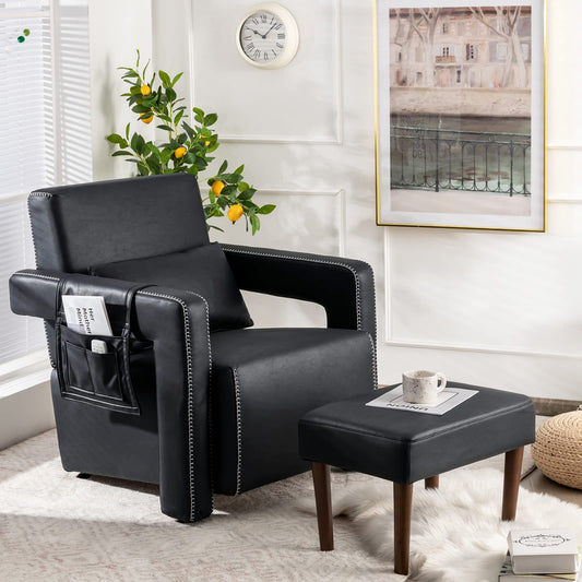 Modern Upholstered Padded Accent Chair with Footstool and Lumbar Pillow