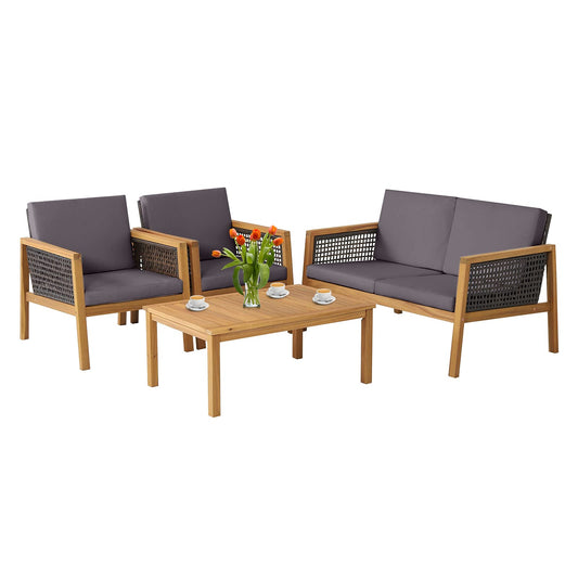 4 PCS Acacia Wood Rattan Patio Conversation Set with Loveseat and Coffee Table