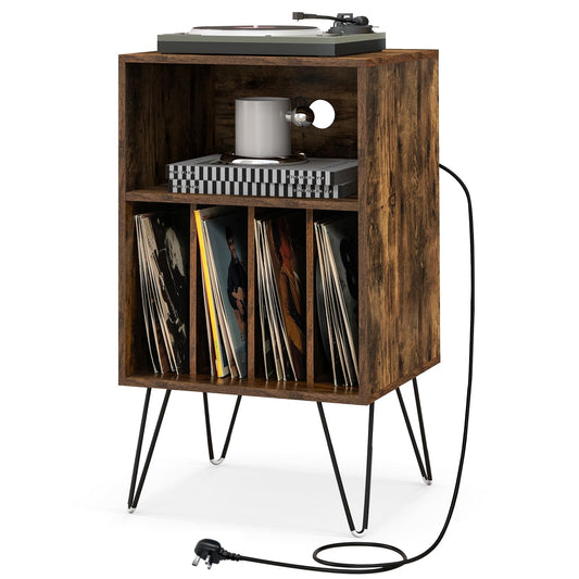 3 Tier Record Player Stand with Charging Station Shelf and 4 Dividers