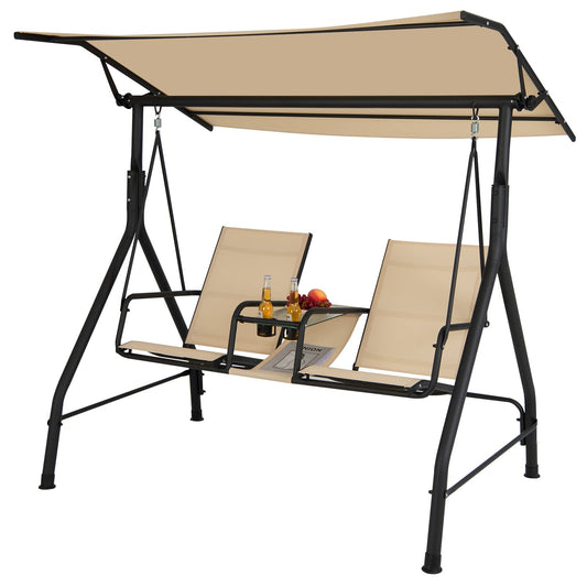Outdoor Hammock Bench Chair with Adjustable Canopy and Tempered Glass Table