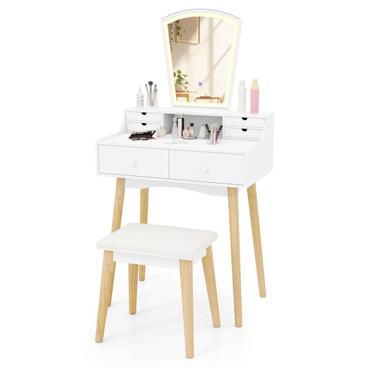 Dressing Table and Chair Set with 3 Lighting Modes and Natural Pine Wood Legs