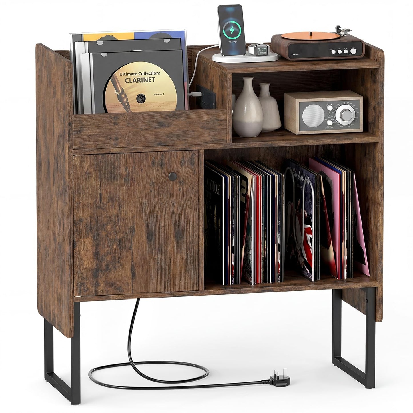 Record Player Stand with Charging Station, End Table with Display Shelves & Door