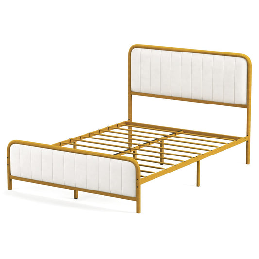 Upholstered Full Size Bed Frame, Double Metal Platform Bed with Velvet Headboard