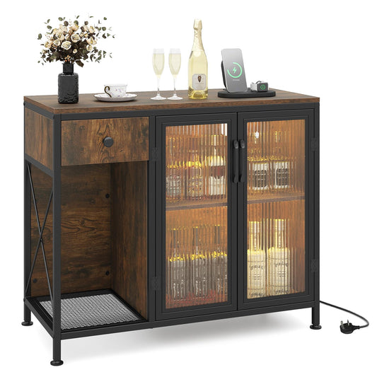Buffet Sideboard with Power Outlets & RGB LED Lights, Wooden Storage Cabinet