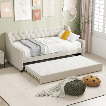 Single Size Trundle Bed Linen Upholstered Daybed with Backrest