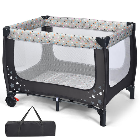 2-in-1 Foldable Baby Playpen with Lockable Wheels and Mattress