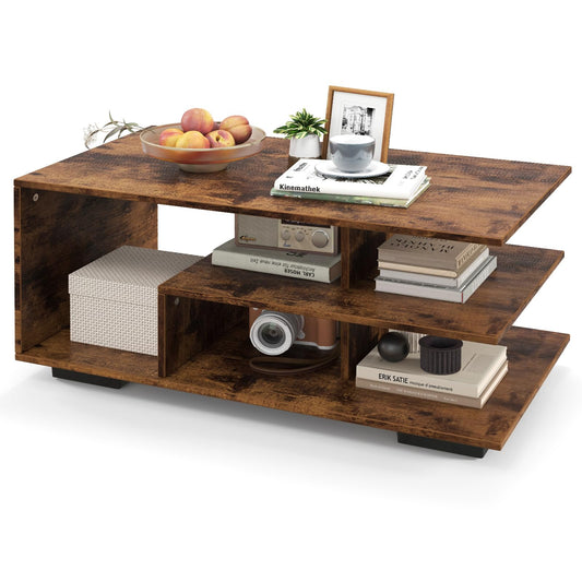 Coffee Table 3 Tier Rectangular Center with L Shaped Middle Shelf