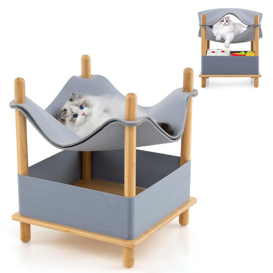 Elevated Cat Bed 2-tier Bamboo Frame Cat House with Dual-Layer Felt Fabric Top