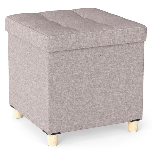 Ottoman with Storage Linen Fabric Footstool with Tray and Rubber Wood Legs